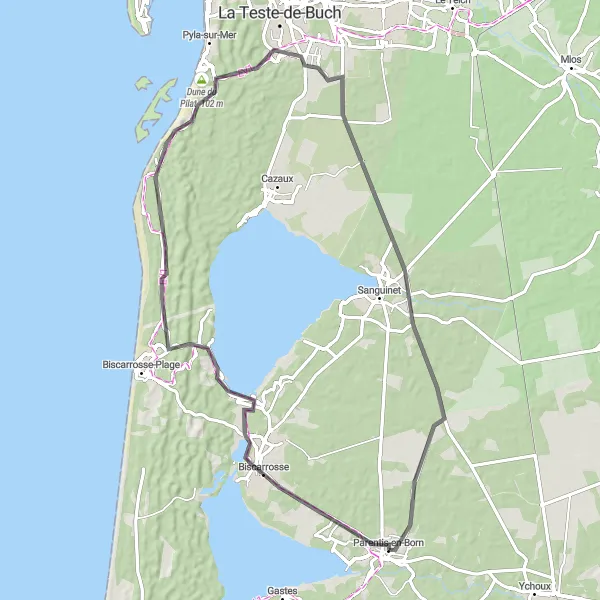 Map miniature of "Beach and Dunes Loop" cycling inspiration in Aquitaine, France. Generated by Tarmacs.app cycling route planner