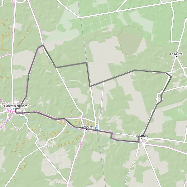 Map miniature of "Ychoux Loop" cycling inspiration in Aquitaine, France. Generated by Tarmacs.app cycling route planner