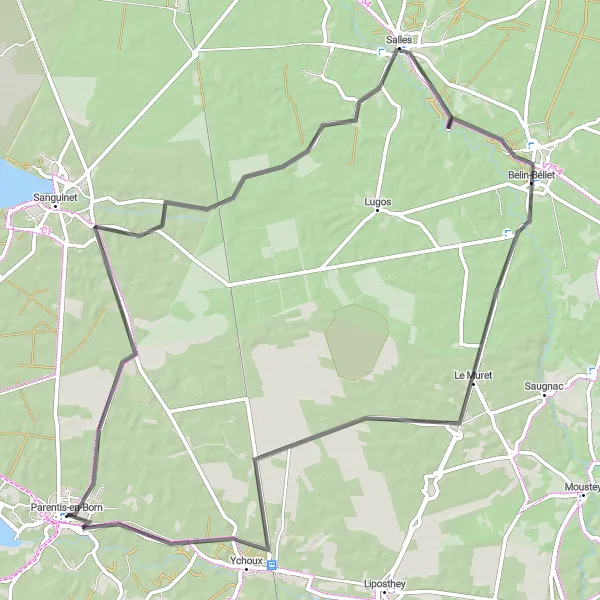 Miniature de la carte de l'inspiration cycliste "Circuit entre Parentis-en-Born et Salles" dans la Aquitaine, France. Générée par le planificateur d'itinéraire cycliste Tarmacs.app