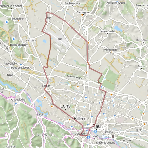 Miniatua del mapa de inspiración ciclista "Ruta de Ciclismo en Grava Pau - Billère y Lescar" en Aquitaine, France. Generado por Tarmacs.app planificador de rutas ciclistas