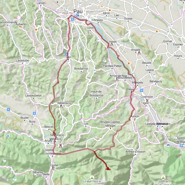 Miniature de la carte de l'inspiration cycliste "Exploration des chemins de gravier autour de Pau" dans la Aquitaine, France. Générée par le planificateur d'itinéraire cycliste Tarmacs.app