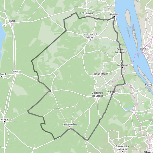 Miniatua del mapa de inspiración ciclista "Ruta Escénica por Médoc" en Aquitaine, France. Generado por Tarmacs.app planificador de rutas ciclistas
