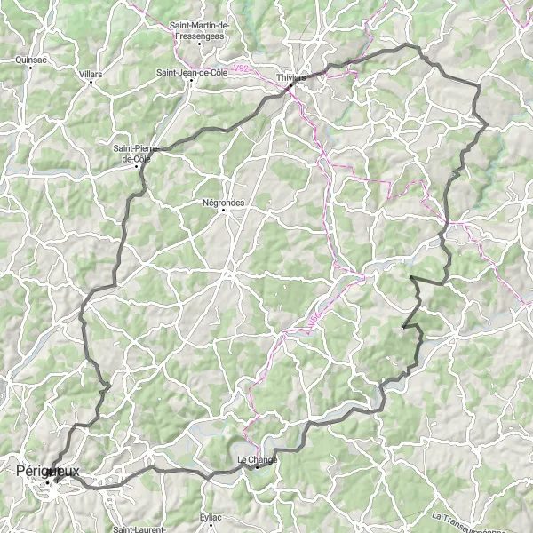 Map miniature of "Road Cycling Adventure around Périgueux" cycling inspiration in Aquitaine, France. Generated by Tarmacs.app cycling route planner