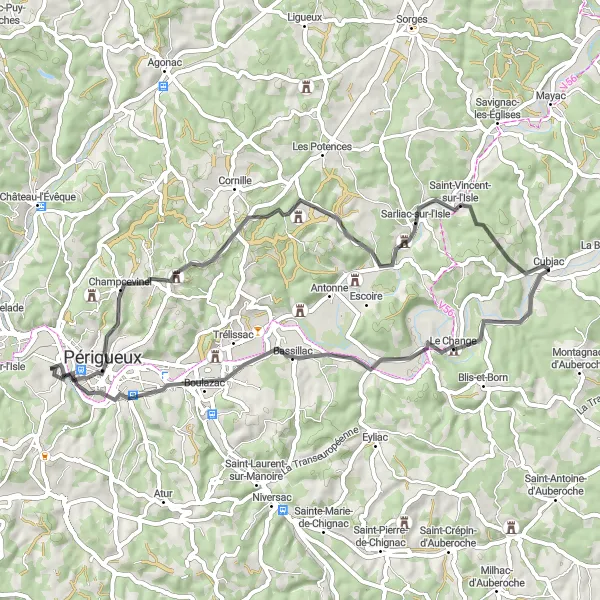 Map miniature of "Tour of the Périgord Valleys" cycling inspiration in Aquitaine, France. Generated by Tarmacs.app cycling route planner