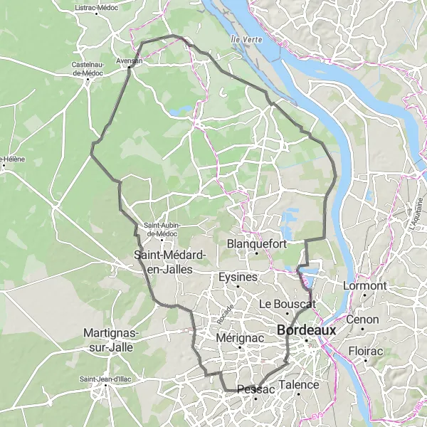 Map miniature of "The Wine Route of Margaux" cycling inspiration in Aquitaine, France. Generated by Tarmacs.app cycling route planner