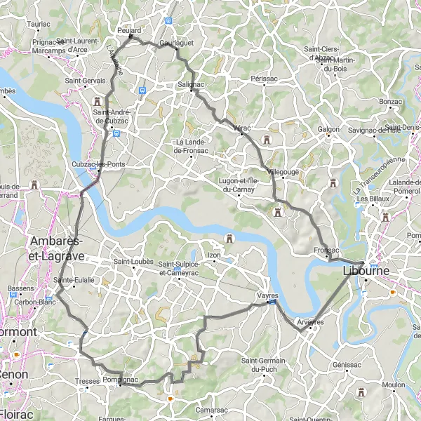 Miniatua del mapa de inspiración ciclista "Ruta a través de Vérac y Pompignac" en Aquitaine, France. Generado por Tarmacs.app planificador de rutas ciclistas