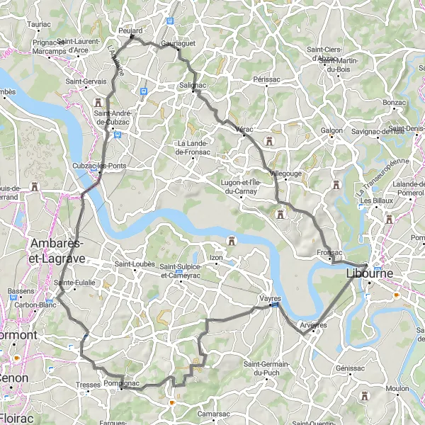 Map miniature of "Through the Medoc Vineyards" cycling inspiration in Aquitaine, France. Generated by Tarmacs.app cycling route planner