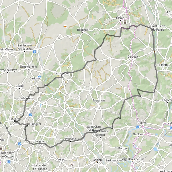 Map miniature of "Peujard to Aubie-et-Espessas Cycling Route" cycling inspiration in Aquitaine, France. Generated by Tarmacs.app cycling route planner