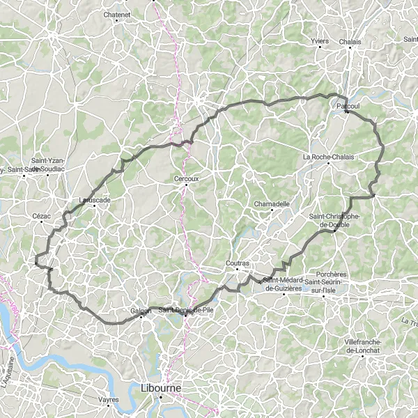Miniature de la carte de l'inspiration cycliste "Exploration rurale de la Gironde" dans la Aquitaine, France. Générée par le planificateur d'itinéraire cycliste Tarmacs.app