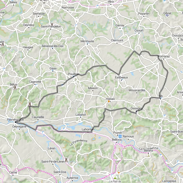Miniatua del mapa de inspiración ciclista "Ruta de ciclismo de carretera a través de Ossages" en Aquitaine, France. Generado por Tarmacs.app planificador de rutas ciclistas
