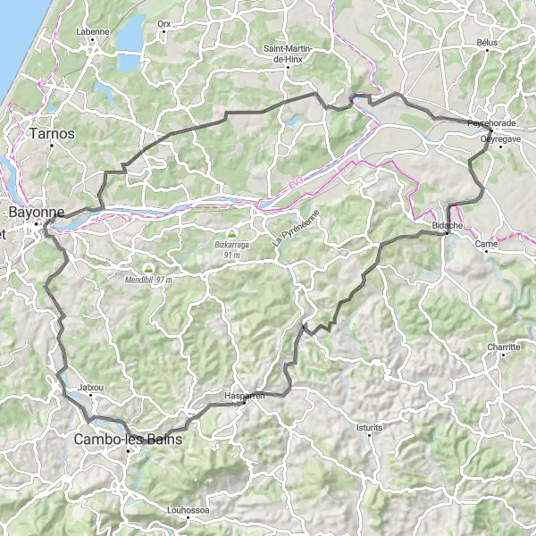 Miniatua del mapa de inspiración ciclista "Ruta de ciclismo de carretera a través de Hasparren" en Aquitaine, France. Generado por Tarmacs.app planificador de rutas ciclistas