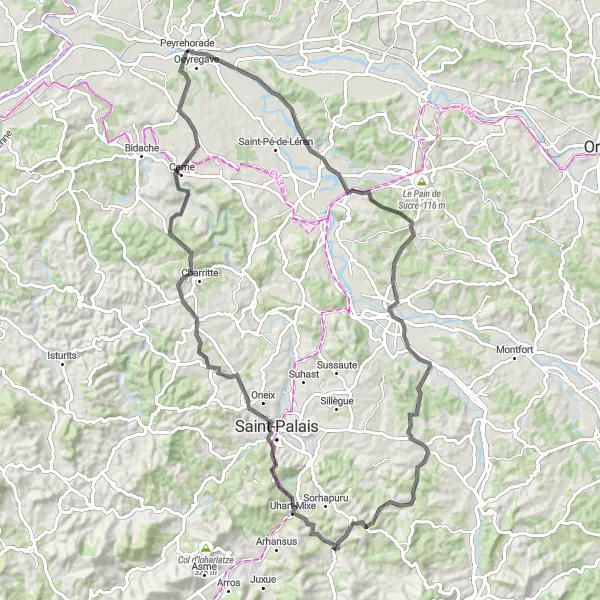 Miniatua del mapa de inspiración ciclista "Ruta de ciclismo de carretera desde Peyrehorade" en Aquitaine, France. Generado por Tarmacs.app planificador de rutas ciclistas