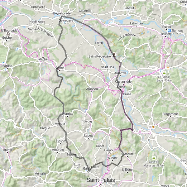 Miniatua del mapa de inspiración ciclista "Ruta de ciclismo de carretera a través de Arbouet" en Aquitaine, France. Generado por Tarmacs.app planificador de rutas ciclistas