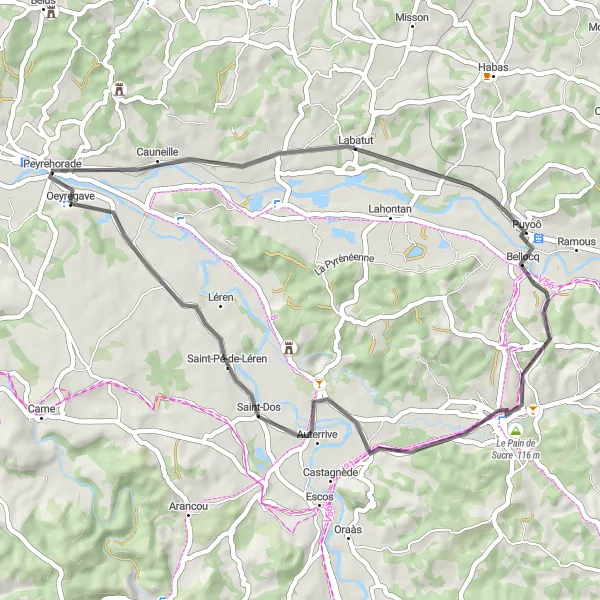 Miniatua del mapa de inspiración ciclista "Ruta corta de ciclismo de carretera desde Oeyregave" en Aquitaine, France. Generado por Tarmacs.app planificador de rutas ciclistas