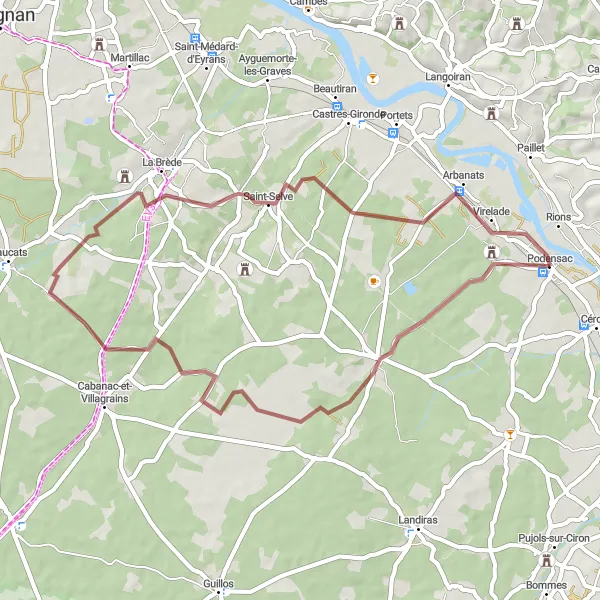 Miniatua del mapa de inspiración ciclista "Aventura en gravilla pasando por Saint-Michel-de-Rieufret" en Aquitaine, France. Generado por Tarmacs.app planificador de rutas ciclistas