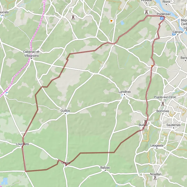 Miniature de la carte de l'inspiration cycliste "Parcours du Gravel d'Illats" dans la Aquitaine, France. Générée par le planificateur d'itinéraire cycliste Tarmacs.app