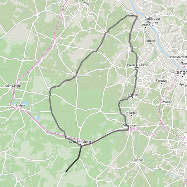 Map miniature of "Vineyards and Valleys" cycling inspiration in Aquitaine, France. Generated by Tarmacs.app cycling route planner