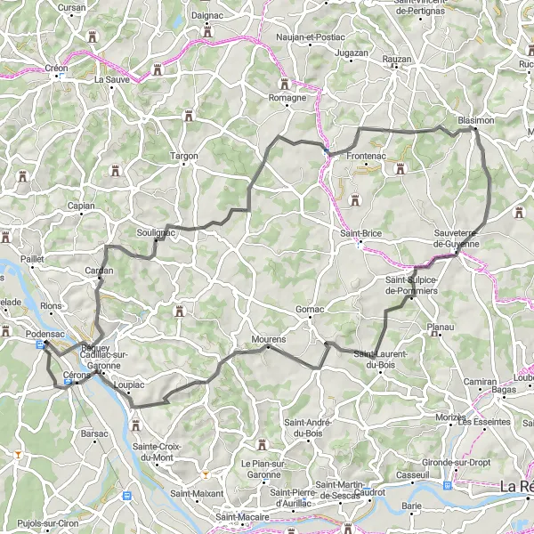 Miniatua del mapa de inspiración ciclista "Ruta por carretera a través de Soulignac y Cérons" en Aquitaine, France. Generado por Tarmacs.app planificador de rutas ciclistas