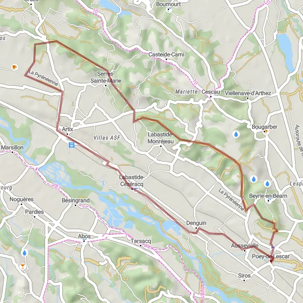 Miniature de la carte de l'inspiration cycliste "Exploration gravel de Poey-de-Lescar" dans la Aquitaine, France. Générée par le planificateur d'itinéraire cycliste Tarmacs.app