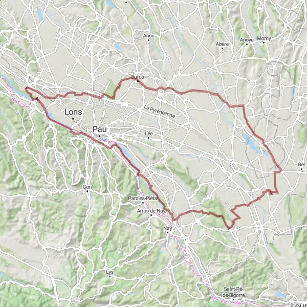 Miniatua del mapa de inspiración ciclista "Ruta de Ciclismo Gravel de 100 km cerca de Poey-de-Lescar" en Aquitaine, France. Generado por Tarmacs.app planificador de rutas ciclistas