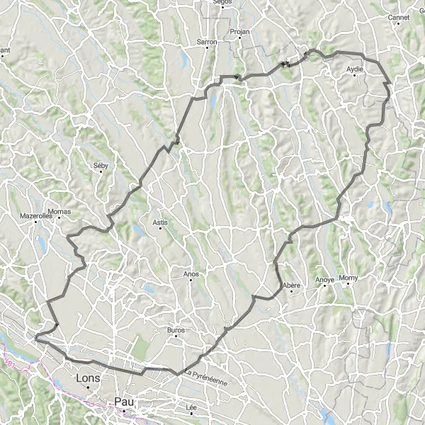 Map miniature of "The Scorcher: Béarn's Toughest Climbs" cycling inspiration in Aquitaine, France. Generated by Tarmacs.app cycling route planner