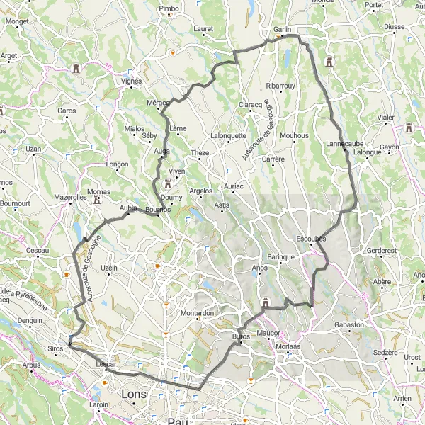 Map miniature of "The Hills of Béarn" cycling inspiration in Aquitaine, France. Generated by Tarmacs.app cycling route planner