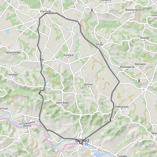 Miniature de la carte de l'inspiration cycliste "Balade à vélo autour de Pomarez" dans la Aquitaine, France. Générée par le planificateur d'itinéraire cycliste Tarmacs.app
