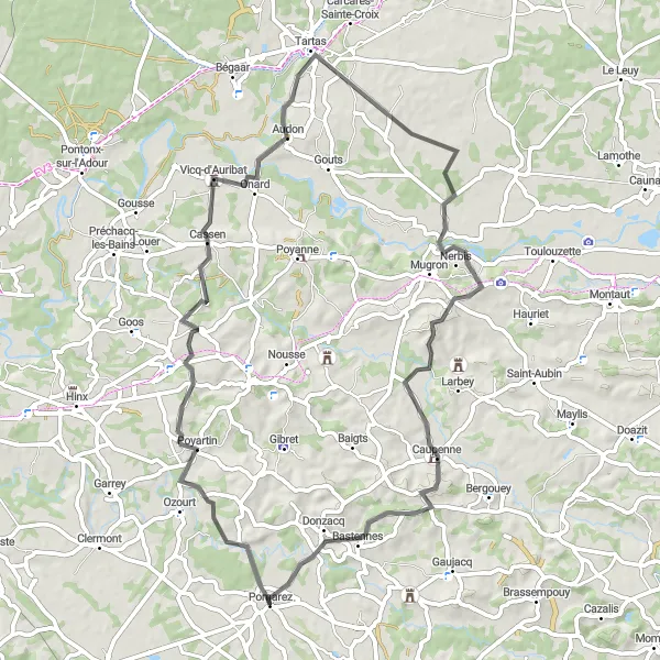 Miniature de la carte de l'inspiration cycliste "Parcours pittoresque de Pomarez à Bastennes" dans la Aquitaine, France. Générée par le planificateur d'itinéraire cycliste Tarmacs.app