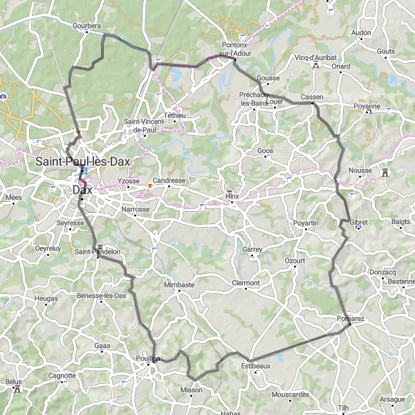 Miniature de la carte de l'inspiration cycliste "Circuit à vélo Pomarez - Les Pyrénées" dans la Aquitaine, France. Générée par le planificateur d'itinéraire cycliste Tarmacs.app