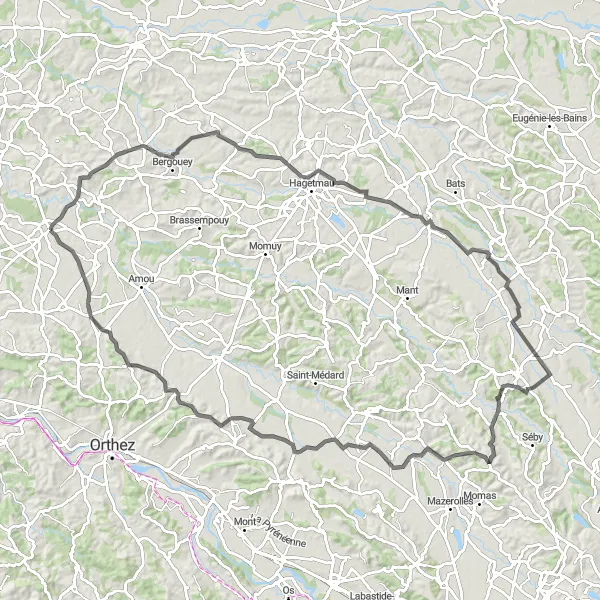 Miniature de la carte de l'inspiration cycliste "Escapade cycliste de Pomarez à Bonnut" dans la Aquitaine, France. Générée par le planificateur d'itinéraire cycliste Tarmacs.app