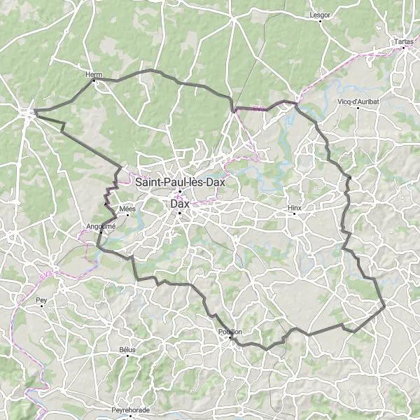 Miniature de la carte de l'inspiration cycliste "Tour panoramique de Pomarez à Ozourt" dans la Aquitaine, France. Générée par le planificateur d'itinéraire cycliste Tarmacs.app