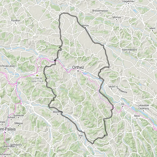Miniature de la carte de l'inspiration cycliste "Route des Châteaux du Béarn" dans la Aquitaine, France. Générée par le planificateur d'itinéraire cycliste Tarmacs.app