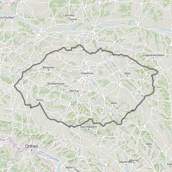 Miniature de la carte de l'inspiration cycliste "Escapade Nature en Béarn" dans la Aquitaine, France. Générée par le planificateur d'itinéraire cycliste Tarmacs.app