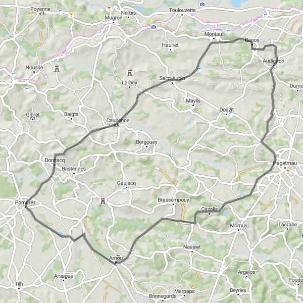 Miniature de la carte de l'inspiration cycliste "Itinéraire Champêtre de la Chalosse" dans la Aquitaine, France. Générée par le planificateur d'itinéraire cycliste Tarmacs.app