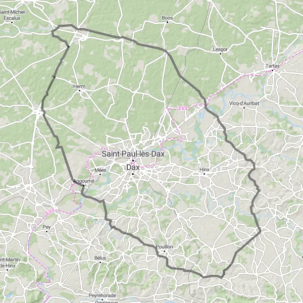 Miniature de la carte de l'inspiration cycliste "Parcours Pittoresque des Landes et de l'Adour" dans la Aquitaine, France. Générée par le planificateur d'itinéraire cycliste Tarmacs.app