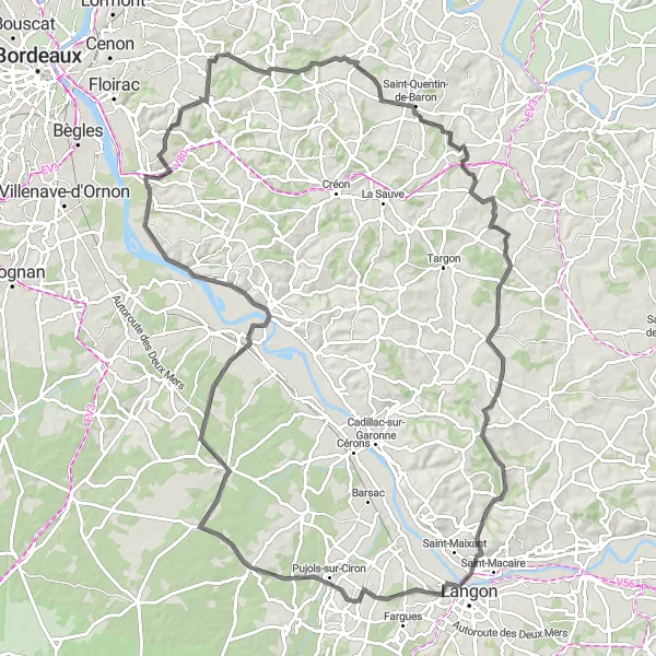 Miniature de la carte de l'inspiration cycliste "Boucle autour de Sallebœuf" dans la Aquitaine, France. Générée par le planificateur d'itinéraire cycliste Tarmacs.app