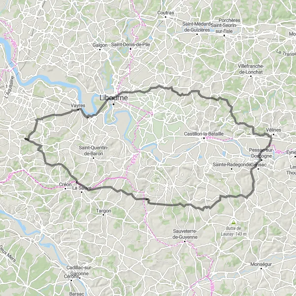 Map miniature of "Libourne and Montcaret Loop" cycling inspiration in Aquitaine, France. Generated by Tarmacs.app cycling route planner