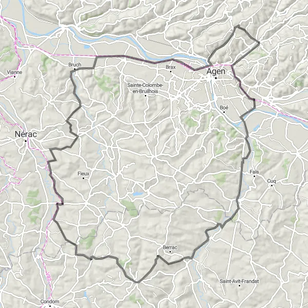 Miniatua del mapa de inspiración ciclista "Recorrido Histórico de 111 km desde Pont-du-Casse hasta Pont-Canal d'Agen" en Aquitaine, France. Generado por Tarmacs.app planificador de rutas ciclistas