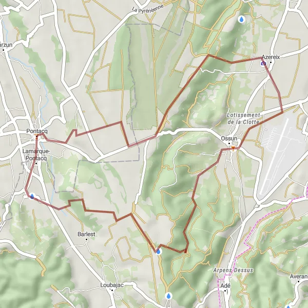 Miniature de la carte de l'inspiration cycliste "Parcours pittoresque vers Lamarque-Pontacq" dans la Aquitaine, France. Générée par le planificateur d'itinéraire cycliste Tarmacs.app