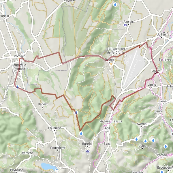 Map miniature of "Scenic Gravel Cycling Route from Pontacq to Barlest" cycling inspiration in Aquitaine, France. Generated by Tarmacs.app cycling route planner