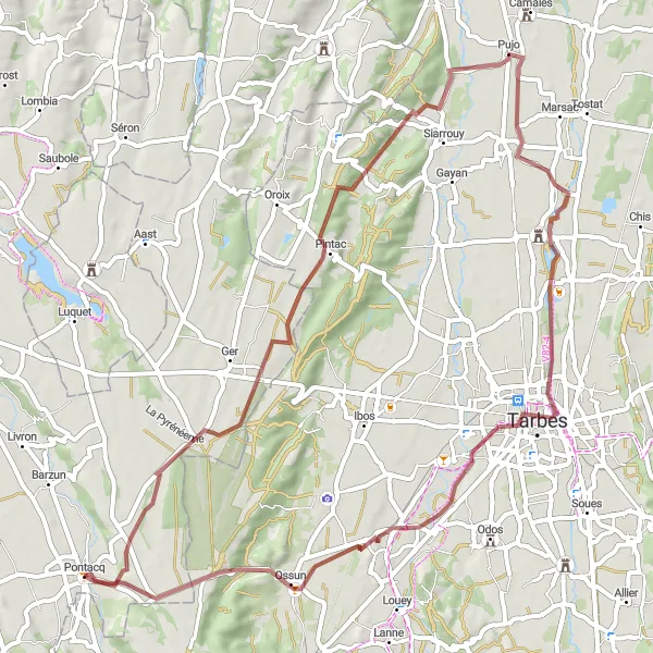 Map miniature of "Picturesque Gravel Cycling Route from Pontacq to Lamarque-Pontacq" cycling inspiration in Aquitaine, France. Generated by Tarmacs.app cycling route planner