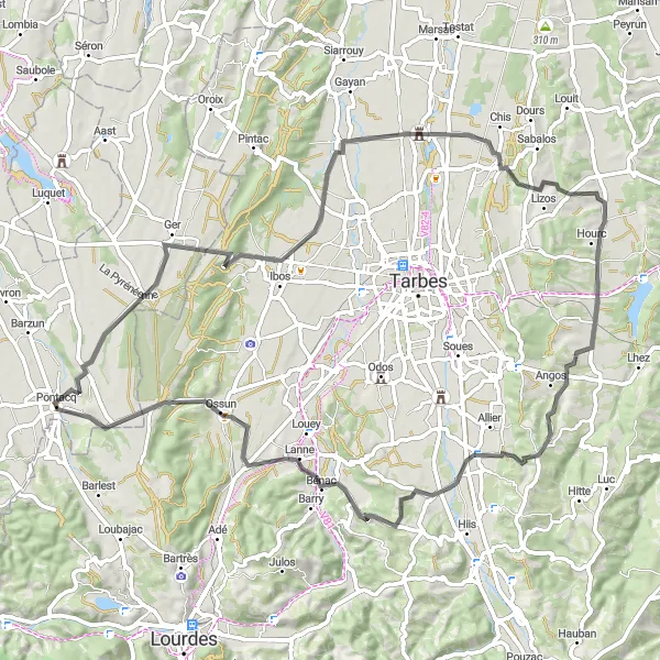 Miniatua del mapa de inspiración ciclista "Ruta de Ciclismo de Carretera a Pontacq" en Aquitaine, France. Generado por Tarmacs.app planificador de rutas ciclistas