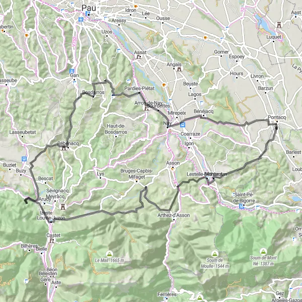 Map miniature of "Challenging Road Cycling Route from Pontacq" cycling inspiration in Aquitaine, France. Generated by Tarmacs.app cycling route planner