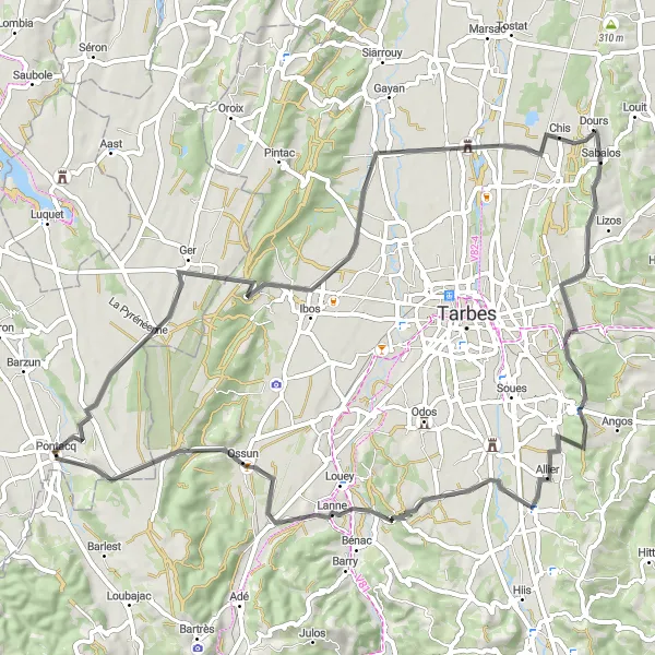 Map miniature of "Scenic Road Cycling Route from Pontacq to Allier" cycling inspiration in Aquitaine, France. Generated by Tarmacs.app cycling route planner