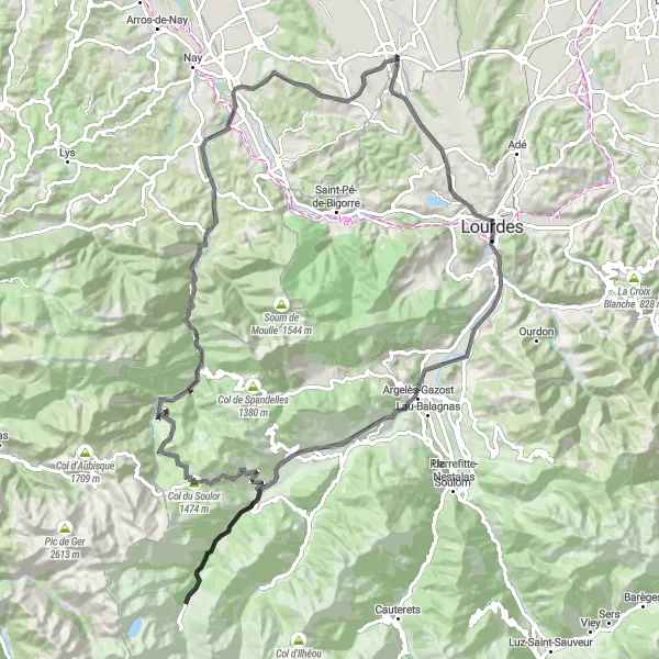 Map miniature of "Road Cycling Adventure Near Pontacq" cycling inspiration in Aquitaine, France. Generated by Tarmacs.app cycling route planner