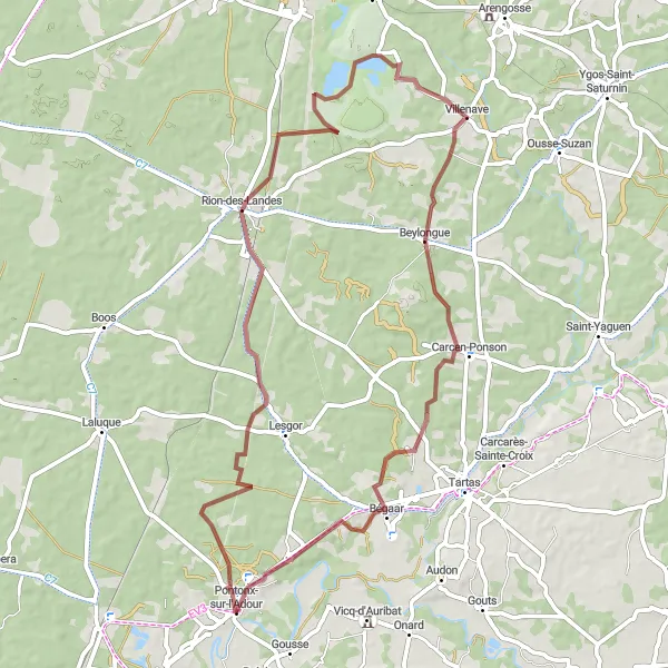 Miniatua del mapa de inspiración ciclista "Aventura entre Rion-des-Landes y Bégaar" en Aquitaine, France. Generado por Tarmacs.app planificador de rutas ciclistas