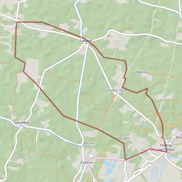 Map miniature of "Buglose Gravel Route" cycling inspiration in Aquitaine, France. Generated by Tarmacs.app cycling route planner