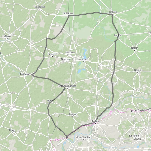 Miniatua del mapa de inspiración ciclista "Tour en carretera de 123 km desde Pontonx-sur-l'Adour" en Aquitaine, France. Generado por Tarmacs.app planificador de rutas ciclistas