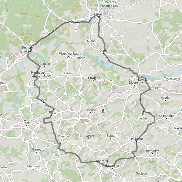 Miniatua del mapa de inspiración ciclista "Ruta de ciclismo de 72 km en carretera desde Pontonx-sur-l'Adour" en Aquitaine, France. Generado por Tarmacs.app planificador de rutas ciclistas