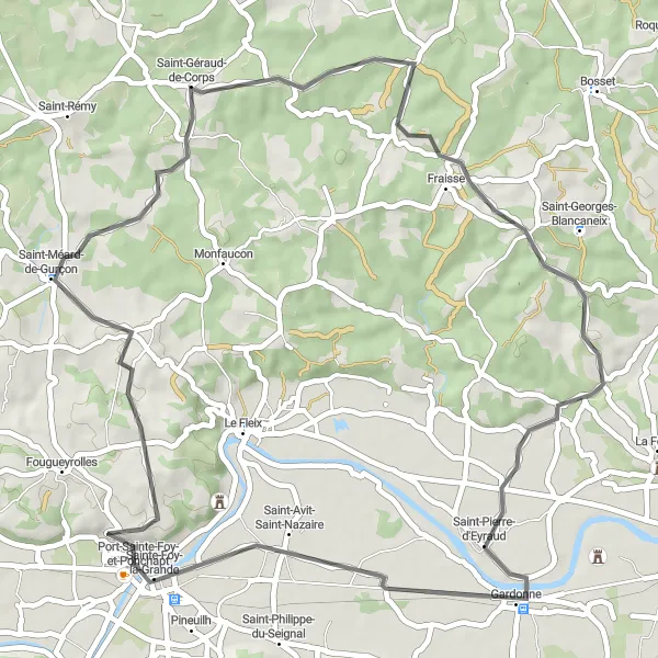 Miniature de la carte de l'inspiration cycliste "Boucle des Bastides" dans la Aquitaine, France. Générée par le planificateur d'itinéraire cycliste Tarmacs.app